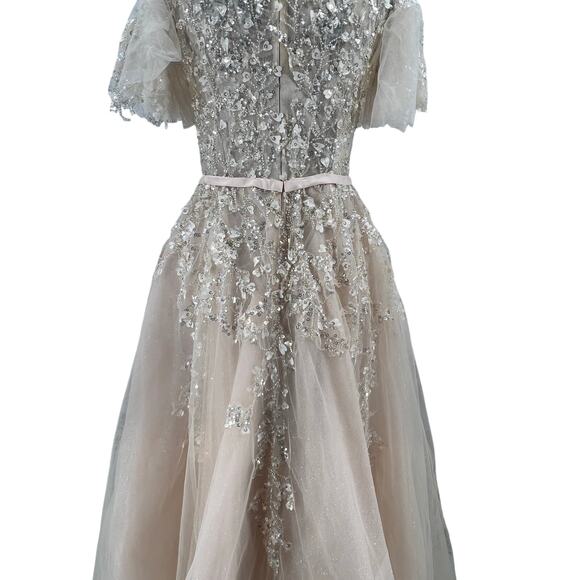 Mac Duggal 20362 Nude Embellished Flutter Sleeve Bow Waist A-Line Gown size 6 - Picture 8 of 14